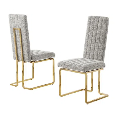 Best Quality Furniture Rich Gray Boucle Fabric Gold Chrome Base Tall Back Rest Dining Chairs (set Of 2) In Gray