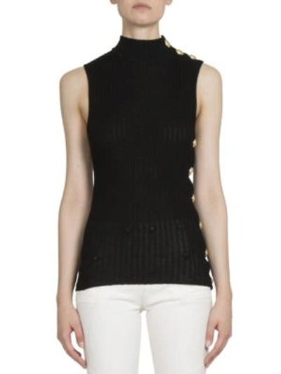 Balmain Ribbed Cotton Tank With Embossed Buttons In Black