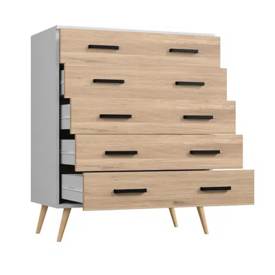 Woodpeckers Furniture And Mattress Eli Mid-century Modern 5 Drawer Chest In Dark Gray & Natural Oak Color In Neutral