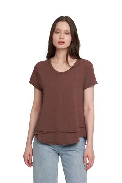 Wilt Short Sleeve Mock Layer Raw Hem Tee In Brown