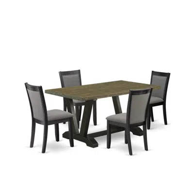 East West Furniture V676mz650-5 5 Piece Dining Set - Distressed Jacobean Table With 4 Dark Gotham Grey Linen Fabric Chai In Gray