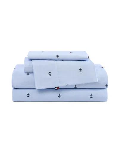 Tommy Hilfiger 200 Thread Count Anchor & Flag Printed Cotton Percale Sheet Set In Blue