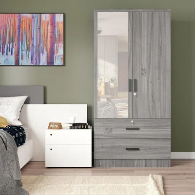 Woodpeckers Furniture And Mattress Mirrored 2 Door Wardrobe & 2 Drawers In Grey Color In Gray