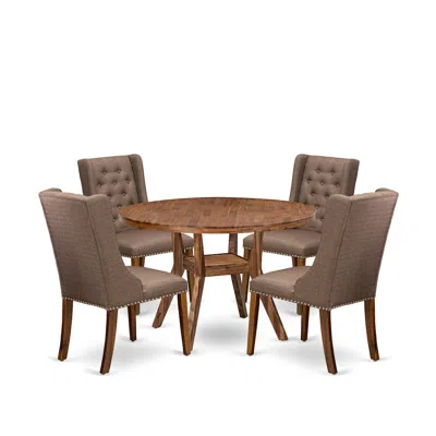 Luxe By East West Furniture 5-piece Dining Room Table Set A Table, 4 Brown Linen Fabric Upholstered Chairs
