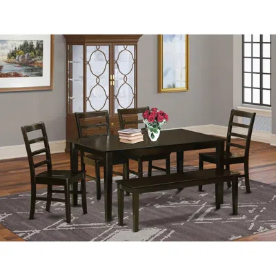 East West Furniture 6 Pc Dining Set With Bench Set-dining Table And 4 Dining Chairs And Bench In Black