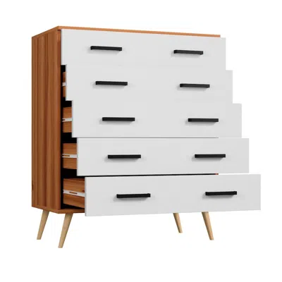 Woodpeckers Furniture And Mattress Eli Mid-century Modern 5 Drawer Chest In Walnut & White Color In White
