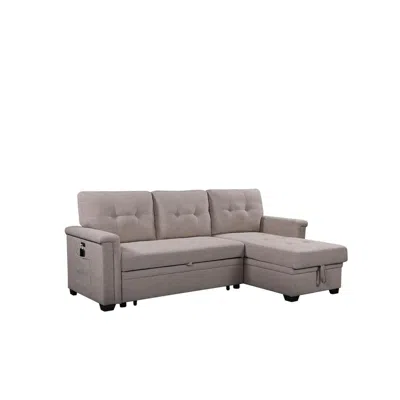 Lilola Home Nathan Light Gray Reversible Sleeper Sectional Sofa With Storage Chaise, Usb Charging Ports And Pock In Gray