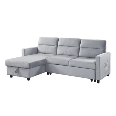 Lilola Home Ruby Light Gray Velvet Reversible Sleeper Sectional Sofa With Storage Chaise And Side Pocket In Gray