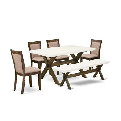 East West Furniture X726mz716-6 6 Piece Dinning Set- A Kitchen Table In Trestle Base With Wood Bench And 4 Dining Chairs In Brown