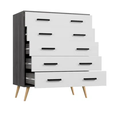 Woodpeckers Furniture And Mattress Eli Mid-century Modern 5 Drawer Chest In Charcoal Oak & Silver Oak Color In White
