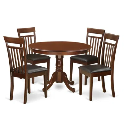 East West Furniture 5 Pc Set With A Round Table And 4 Leather Dinette Chairs In Mahogany In Brown
