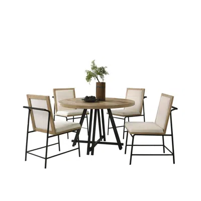 Lilola Home Tate Oak Finish 47" Round Dining Table Set With Cream Color Upholstered Chairs In Neutral