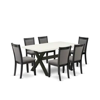 East West Furniture X626mz650-7 7 Pc Dining Set - Linen White Dining Table With 6 Dark Gotham Grey Chairs - Wire Brushed In Multi