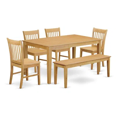 East West Furniture 6-pc Dining Room Set With Bench- Dining Table And 4 Chairs And Bench In Brown