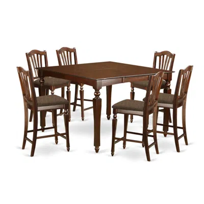 East West Furniture Chel7-mah-c 7 Pc Pub Height Set- Square Counter Height Table With 6 Stools In Brown