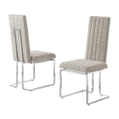 Best Quality Furniture Gray Boucle Fabric Silver Chrome Base Tall Back Rest Dining Chairs (set Of 2) In Neutral