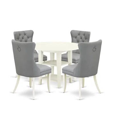 East West Furniture 5 Piece Kitchen Set Consists Of A Round Dining Table With Dropleaf & Shelves In Gray