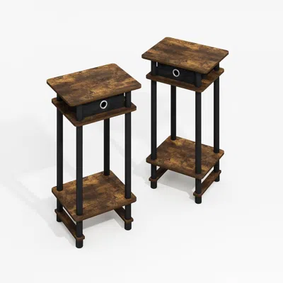 Furinno Turn-n-tube Tall End Table, Side Table With Bin, Amber Oak/black/black, Set Of 2 In Brown