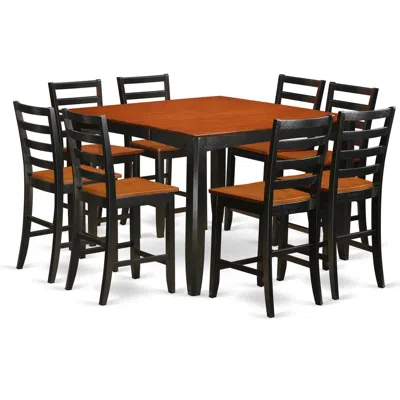 East West Furniture 9 Pc Pub Table Set- Square Counter Height Table And 8 Dining Chairs In Brown