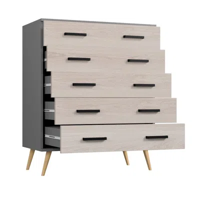 Woodpeckers Furniture And Mattress Eli Mid-century Modern 5 Drawer Chest In Dark Gray & Honey Oak Color In Neutral