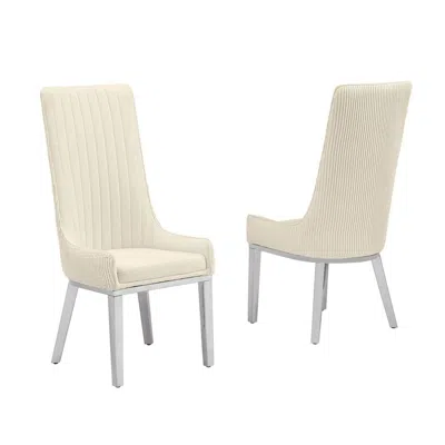 Best Quality Furniture Cream, Teddy Fabric, Pleated Back Side Chair With Silver Base, Set Of Two In White