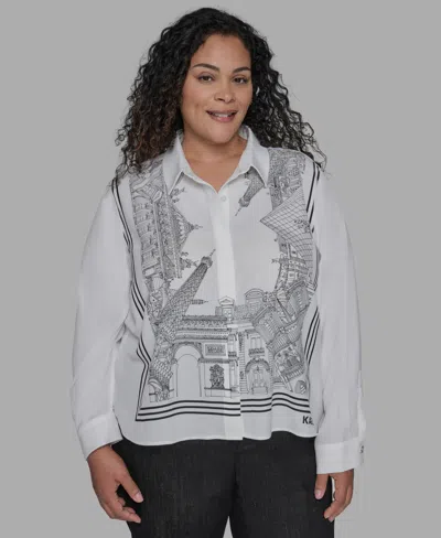 Karl Lagerfeld Plus Size Paris-print Button-front Blouse In White