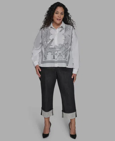 Karl Lagerfeld Plus Size Paris-print Button-front Blouse In White
