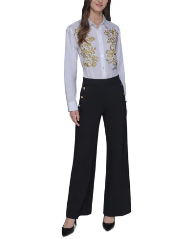 Karl Lagerfeld Womens Side Button Wide Leg Ponte Pants P Xs Xl In Black