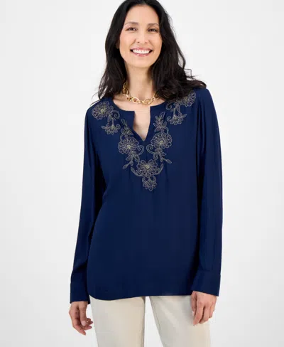 Jm Collection Women's Shine Embroidered Tunic Top, Exclusively At Macy's In Blue
