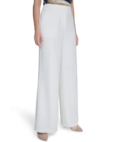 Calvin Klein Womens Linen Pleated Wide Leg Pants In White