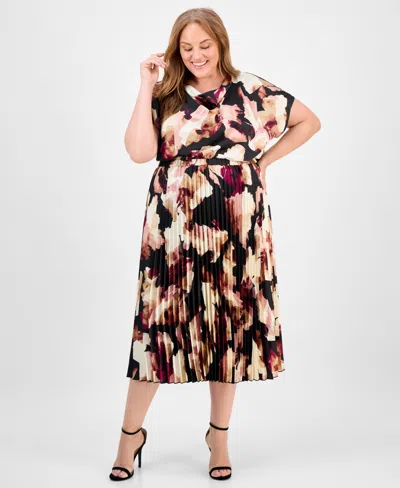 Anne Klein Plus Size Pleated Abstract-print Pull-on Midi Skirt In Multi