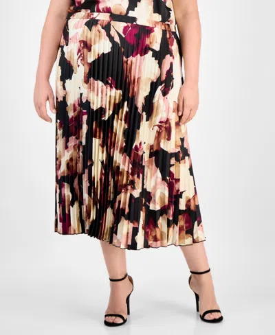 Anne Klein Plus Size Pleated Abstract-print Pull-on Midi Skirt In Multi