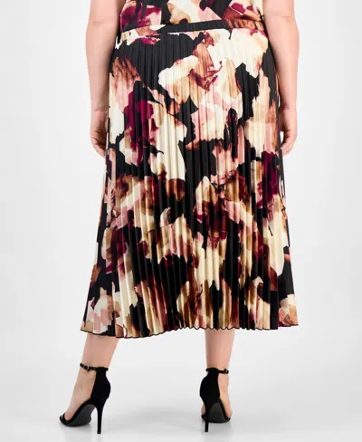 Anne Klein Plus Size Pleated Abstract-print Pull-on Midi Skirt In Multi