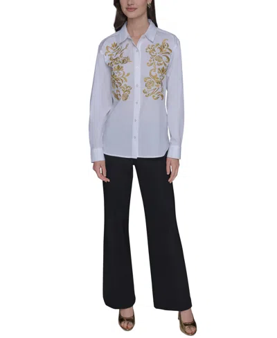 Karl Lagerfeld Women's Cotton Embroidered Button-front Top In White