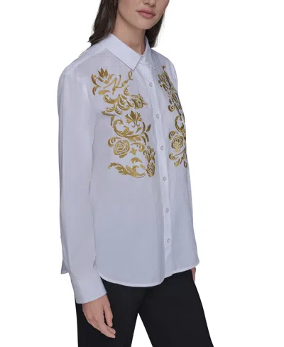 Karl Lagerfeld Women's Cotton Embroidered Button-front Top In White