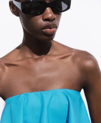 Mango Strapless Ruffle Top In Blue