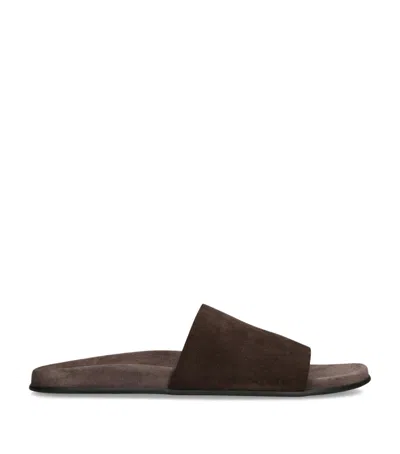 The Row Flat Sole Open Toe Suede Slides In Black