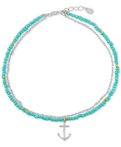 Macy's Anchor Charm Seed Beaded Double Chain Ankle Bracelet In Sterling Silver In Multi