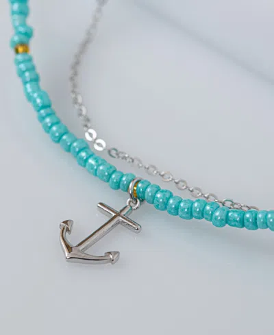 Macy's Anchor Charm Seed Beaded Double Chain Ankle Bracelet In Sterling Silver In Multi