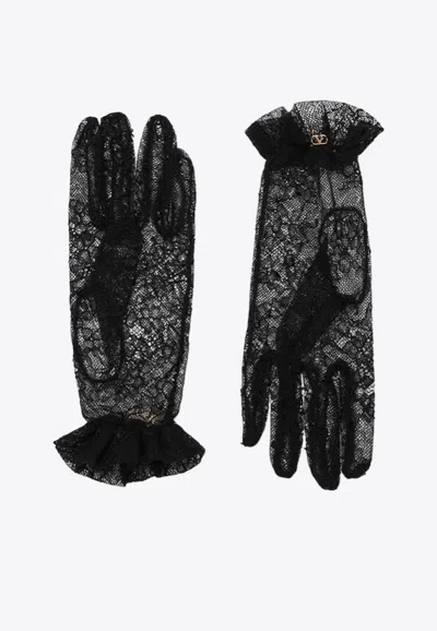 Valentino Lace Bow Sheer Fabric Gloves Signature In Black