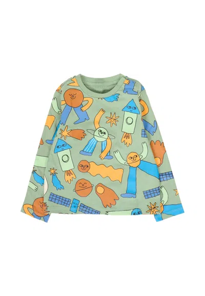 Stella Mccartney Green T-shirt For Baby Boy With Space Print In Multi