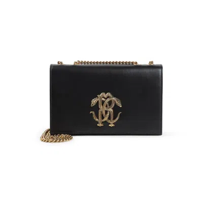 Roberto Cavalli Black Leather Shoulder Bag With Gold Emblem In Purple