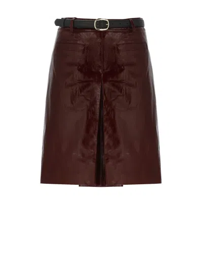 Self-portrait Glossy Burgundy A-line Leather Mini Skirt In Brown