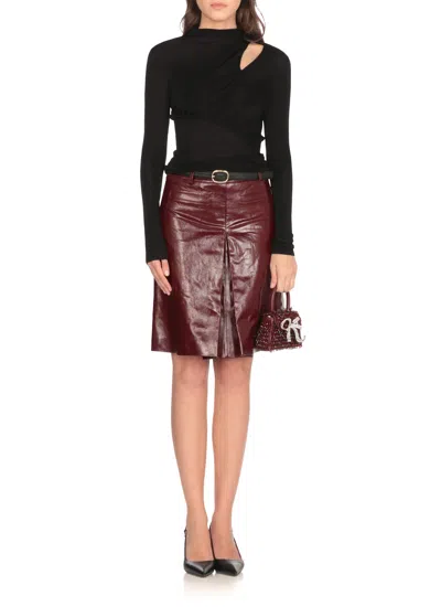Self-portrait Glossy Burgundy A-line Leather Mini Skirt In Brown