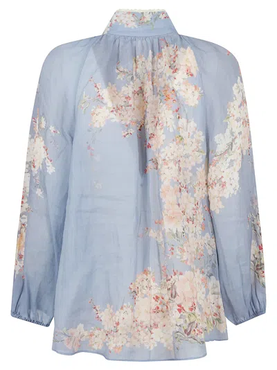 Zimmermann Cascadian Billowed Ramie Shirt In Blue