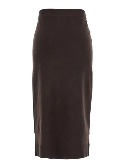Victoria Beckham Brown Midi Skirt In Wool Blend In Brown