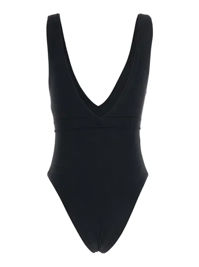Tory Burch Black One-piece Swimsuit With V-neck And Belt With Plate In Tech Fabric Woman In Black