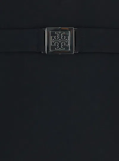 Tory Burch Black One-piece Swimsuit With V-neck And Belt With Plate In Tech Fabric Woman In Black