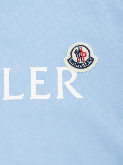 Moncler Light Blue T-shirt With Logo Lettering And Patch On The Front In Cotton Boy In Blue