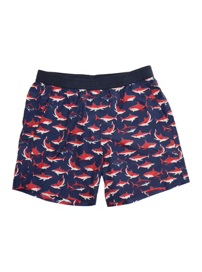 Moncler Multicolor Swimsuit With All-over Shark Print And Logo Patch On The Back In Tech Fabric Boy In Blue
